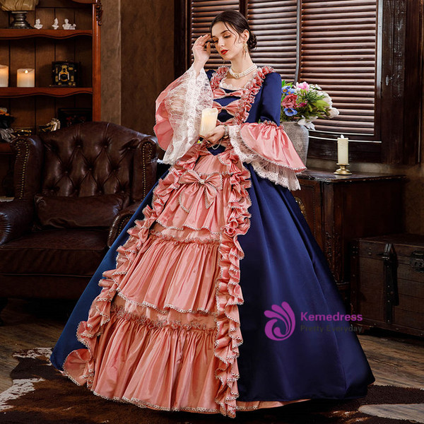 Navy Blue Satin Ruffles Bow Vintage Antonietta Dress