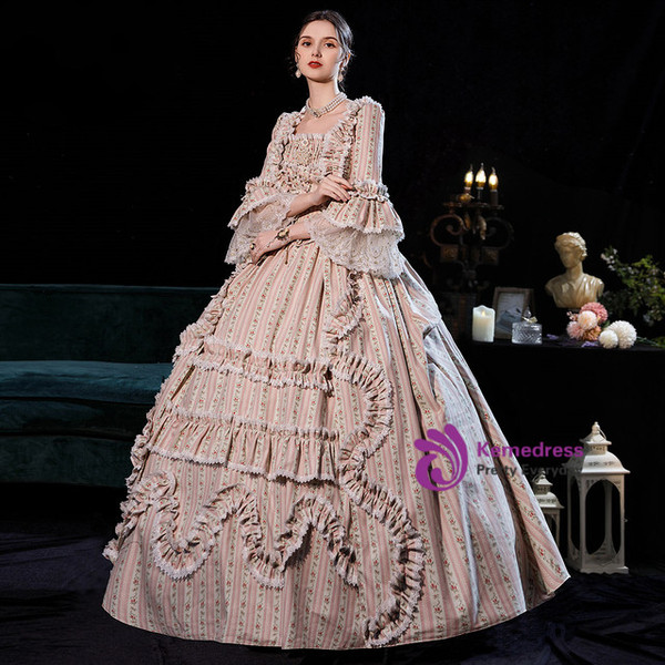 Pink Print Long Sleeve Square Neck Rococo Vintage Dress