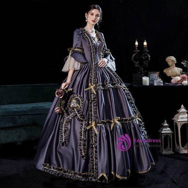 Gray Satin Square Bow Long Sleeve Victorian Dress