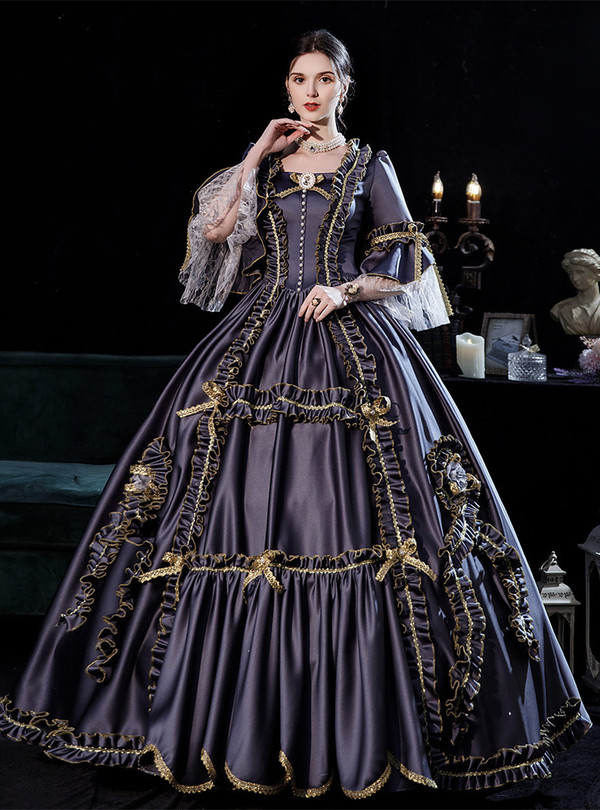 Gray Satin Square Bow Long Sleeve Victorian Dress