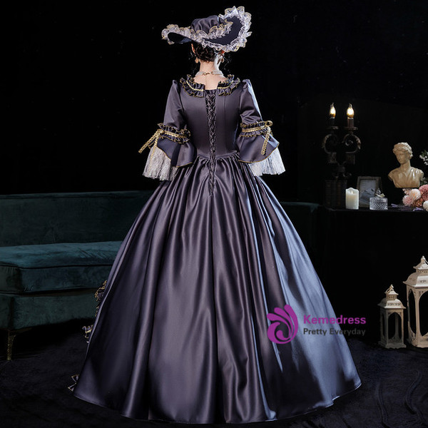 Gray Satin Square Bow Long Sleeve Victorian Dress