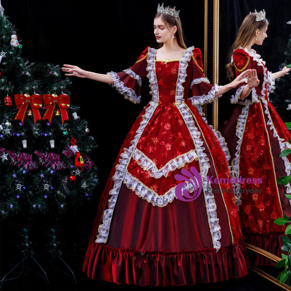 Burgundy Satin Lace Short Sleeve Vintage Baroque Dress