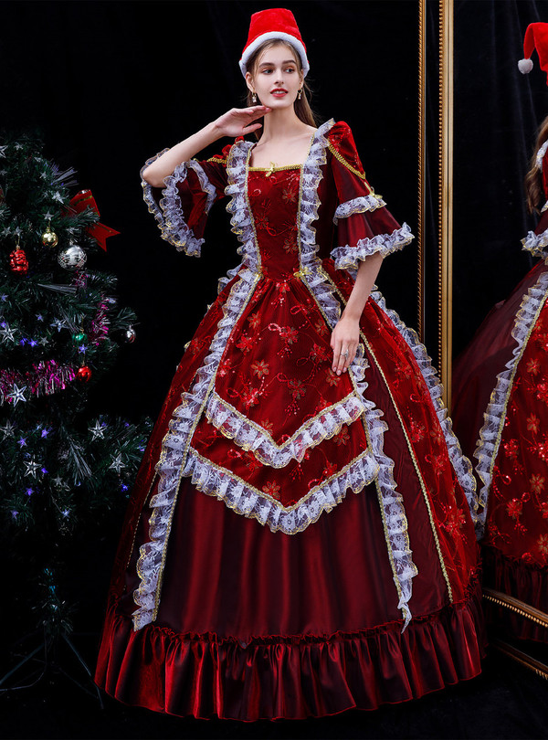 Burgundy Satin Lace Short Sleeve Vintage Baroque Dress