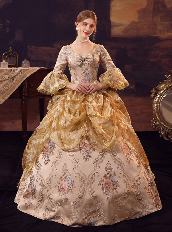 Champagne Gold Print Satin Rococo Baroque Dress