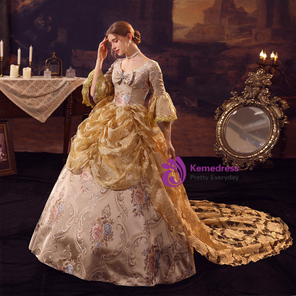 Champagne Gold Print Satin Rococo Baroque Dress