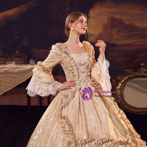Champagne Satin Long Sleeve Vintage Rococo Dress