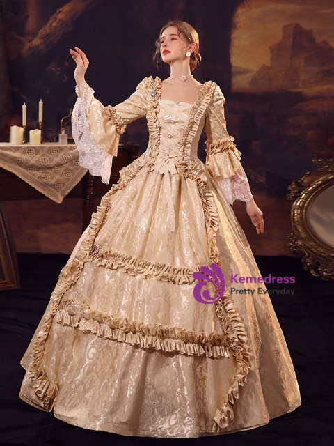 Champagne Satin Long Sleeve Vintage Rococo Dress