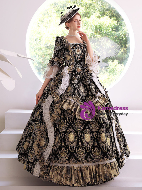 Black Gold Print Short Sleeve Vintage Rococo Dress