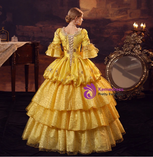 Yellow Tulle Sequins Short Sleeve Rococo Vintage Dress