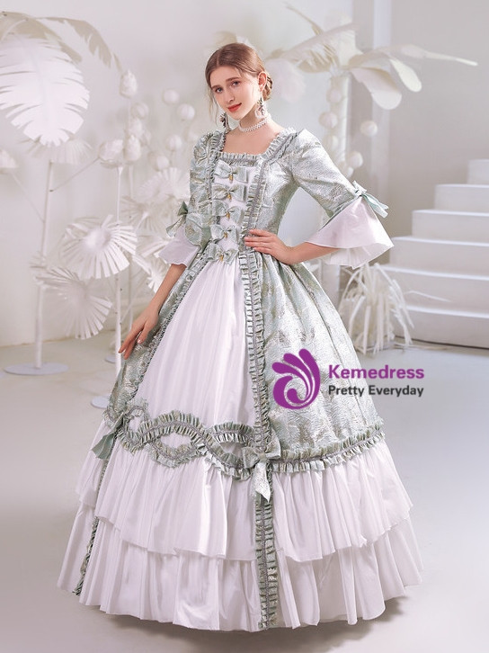 Green Square Short Sleeve Bow Rococo Vintage Dress