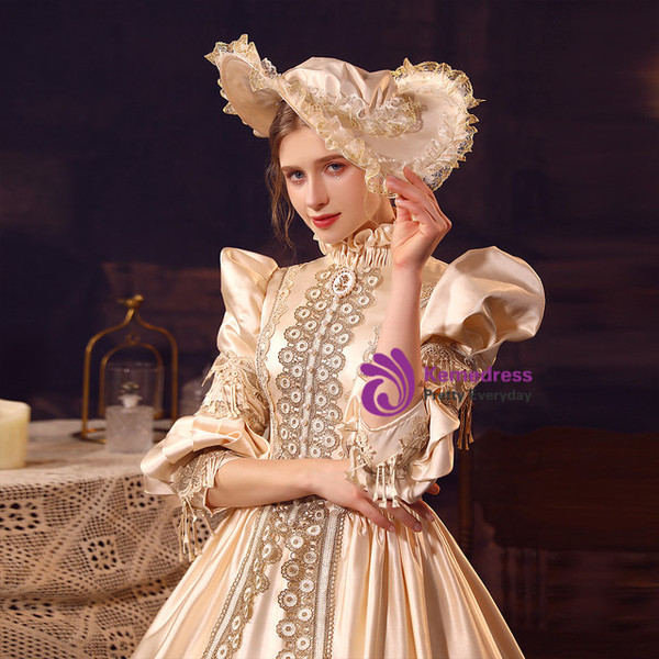Champagne Satin Lace Long Sleeve Baroque Dress