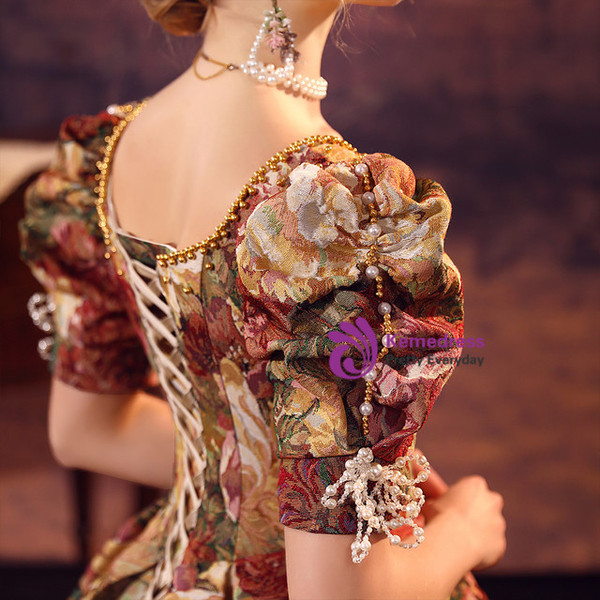 Rose Oil Painting Retro Palace Style Vintage Dress