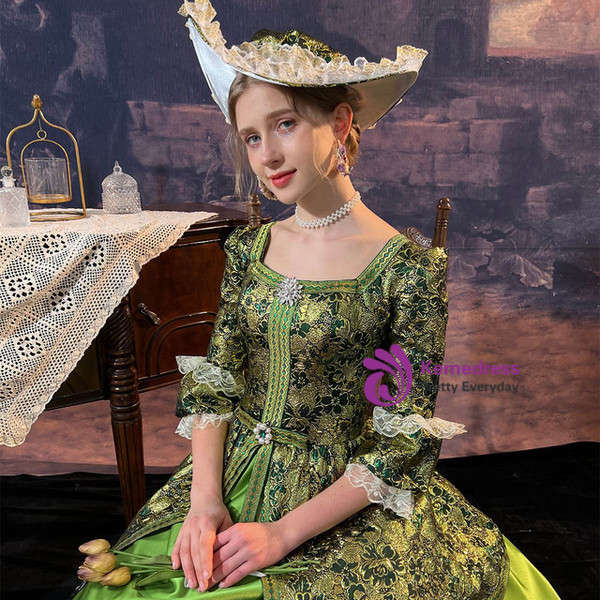 Green Tulle Short Sleeve Rococo Victorian Dress