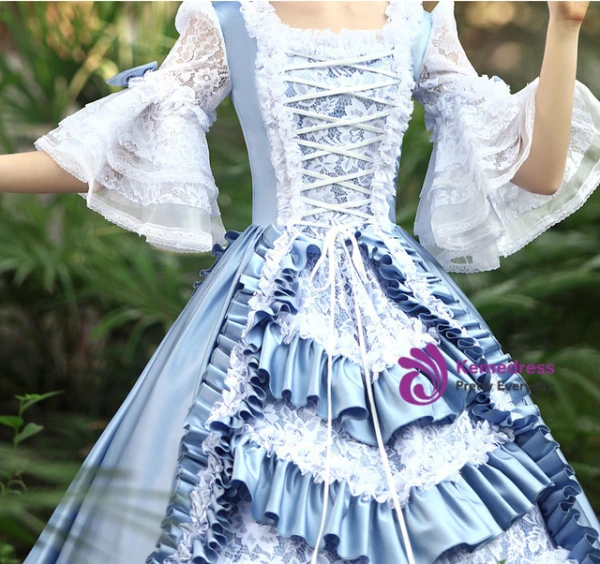 Blue Satin Lace Short Sleeve Vintage Dress