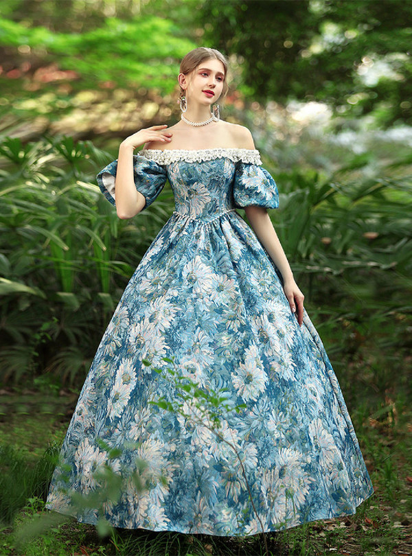 Blue Monet Garden Palace Oil Paint Vintage Dress