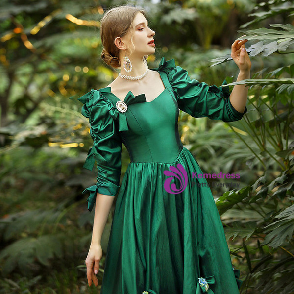 Green Satin Short Sleeve Bow Rococo Dress