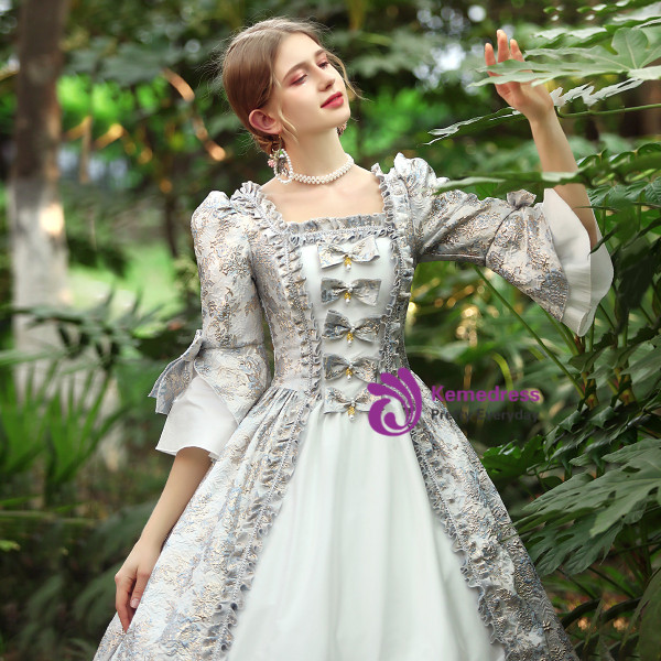 Sky Blue Print Short Sleeve Victorian Dress