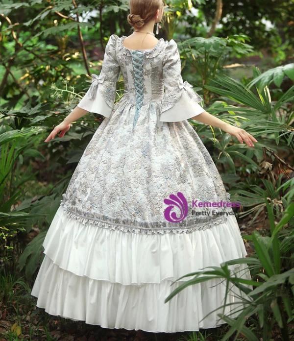 Sky Blue Print Short Sleeve Victorian Dress