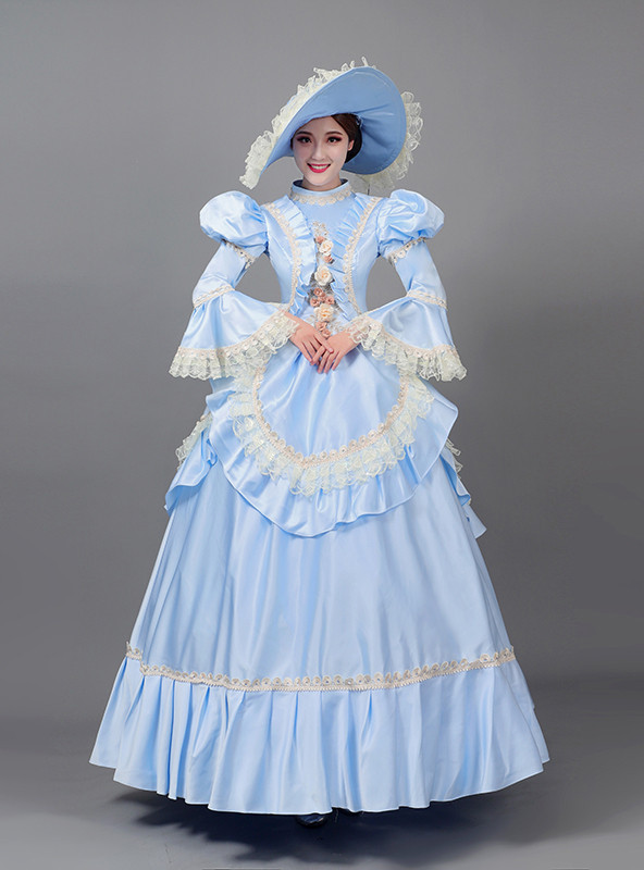 Blue Satin Long Sleeve High Neck Baroque Vintage Dress