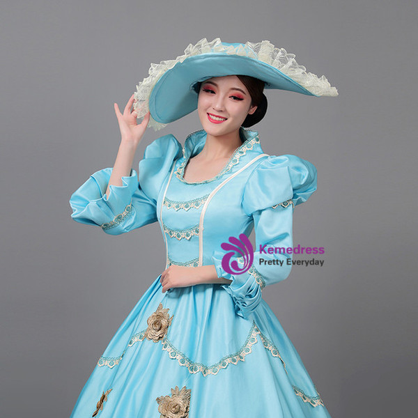Blue Satin Long Sleeve Rococo Vintage Dress