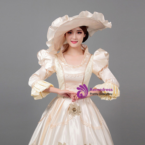 Champagne Satin Long Sleeve Vintage Baroque Dress