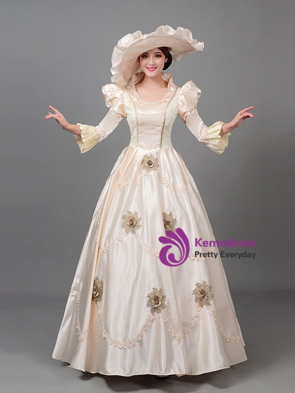 Champagne Satin Long Sleeve Vintage Baroque Dress