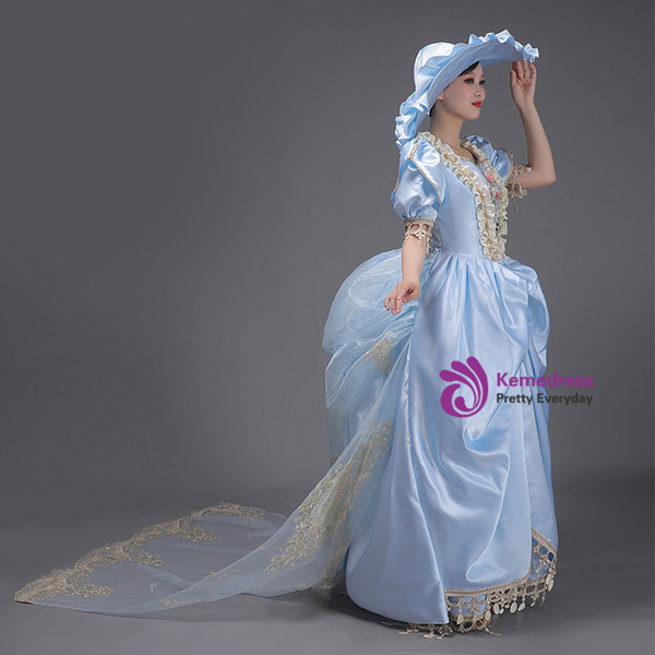Blue Tulle Appliques Puff Sleeve Victorian Dress