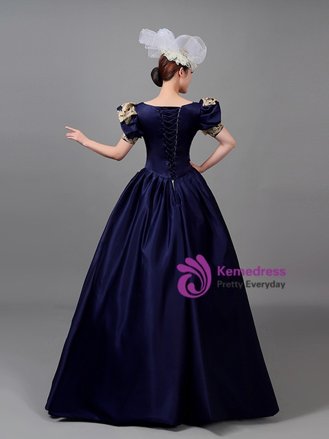 Navy Blue Satin Puff Sleeve Sequins Vintage Dress