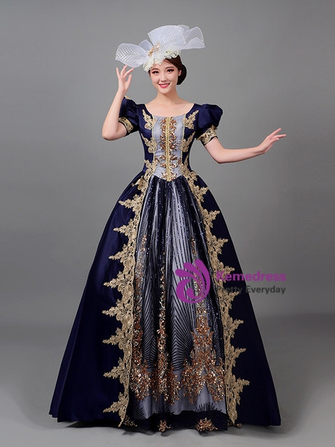 Navy Blue Satin Puff Sleeve Sequins Vintage Dress