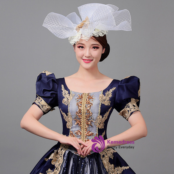 Navy Blue Satin Puff Sleeve Sequins Vintage Dress