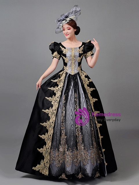 Black Satin Sequins Appliques Vintage Baroque Dress