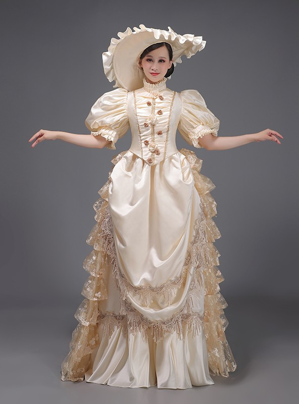 Champagne Satin Puff Sleeve Victorian Vintage Dress