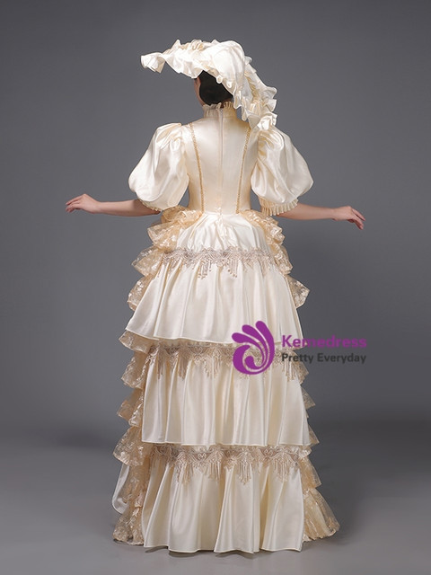 Champagne Satin Puff Sleeve Victorian Vintage Dress