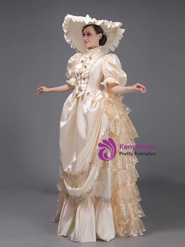 Champagne Satin Puff Sleeve Victorian Vintage Dress
