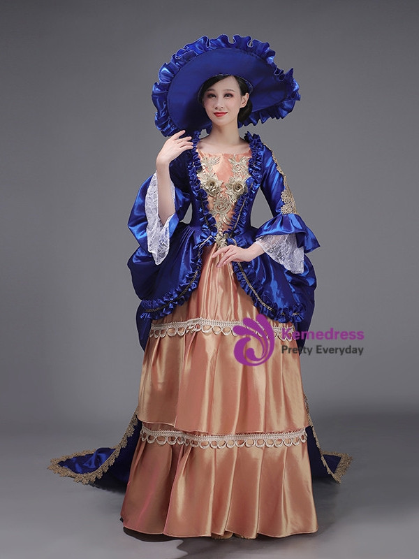 Royal Blue Satin Long Sleeve Appliques Baroque Vintage Dress