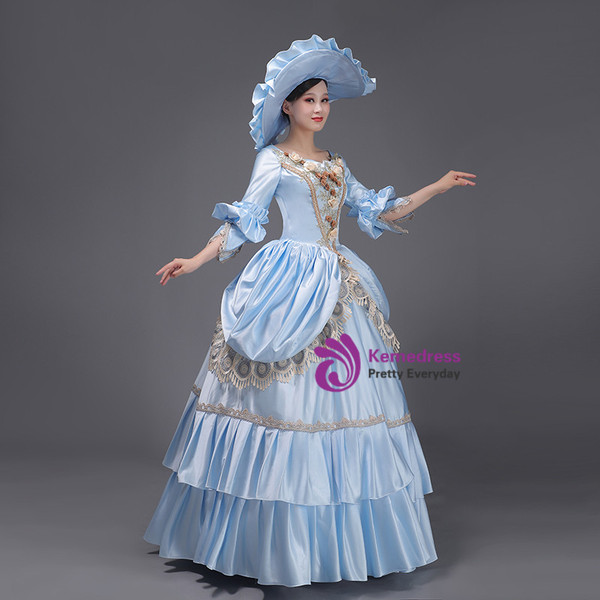 Blue Satin Short Sleeve Victorian Vintage Dress