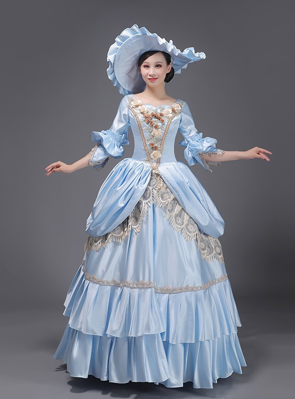 Blue Satin Short Sleeve Victorian Vintage Dress