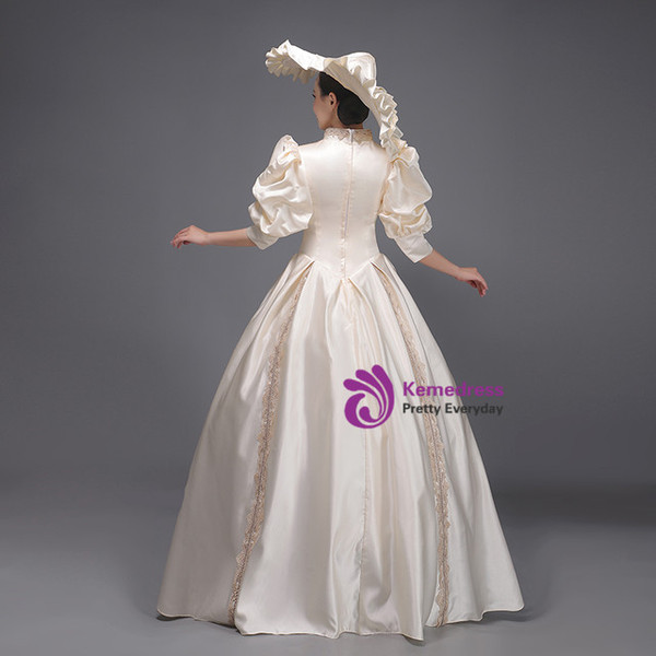 Champagne Satin Puff Sleeve Victorian Vintage Dress