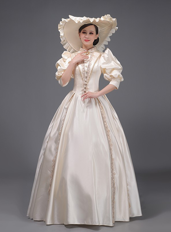 Champagne Satin Puff Sleeve Victorian Vintage Dress