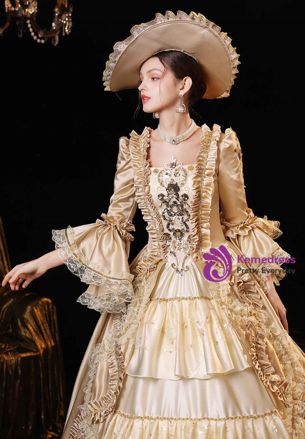 Champagne Satin Lace Long Sleeve Vintage Dress