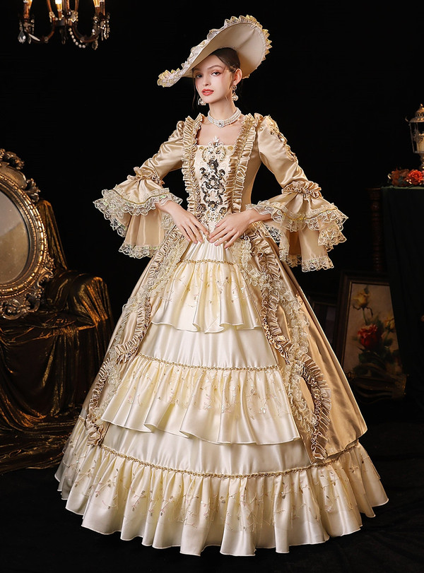 Champagne Satin Lace Long Sleeve Vintage Dress