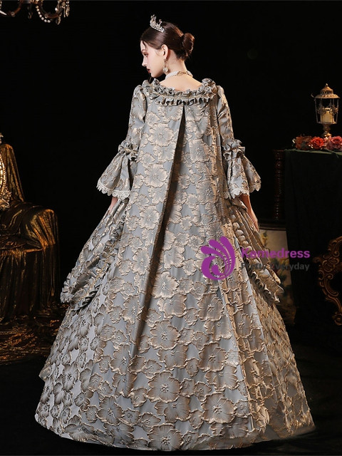 Gray Long Sleeve Print Baroque Vintage Dress