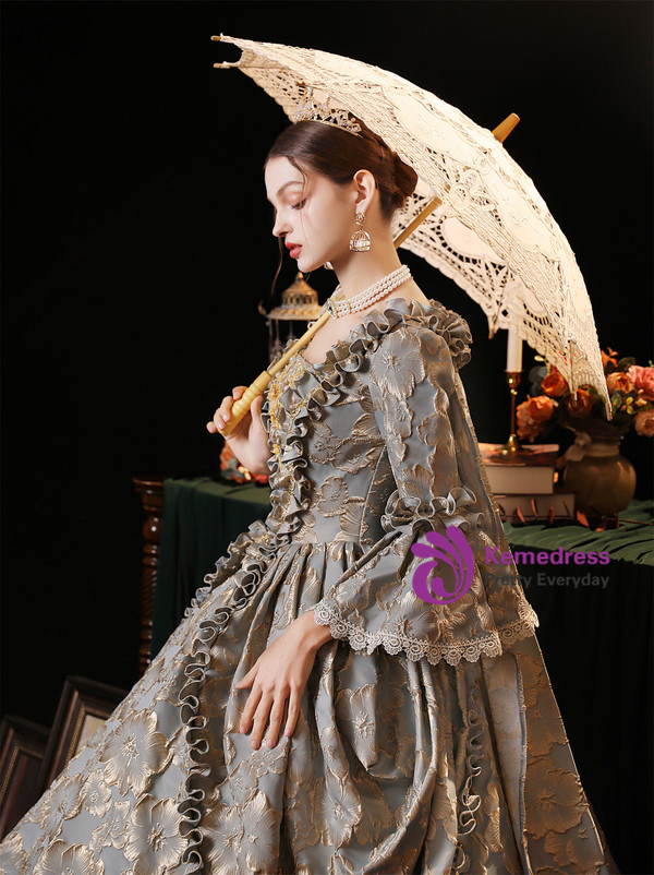 Gray Long Sleeve Print Baroque Vintage Dress