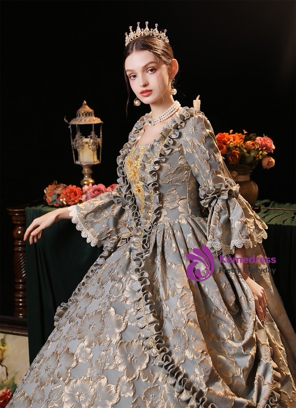 Gray Long Sleeve Print Baroque Vintage Dress