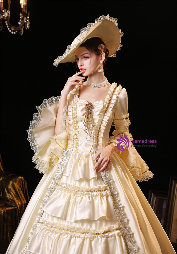Champagne Satin Lace Long Sleeve Rococo Dress