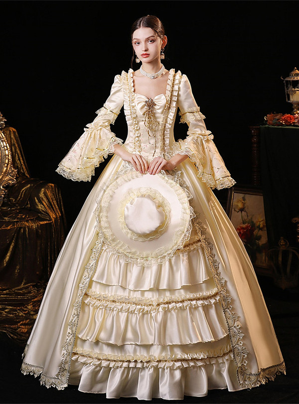Champagne Satin Lace Long Sleeve Rococo Dress
