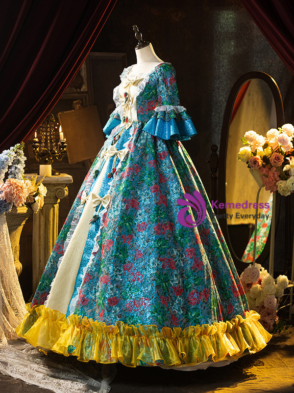 Blue Short Sleeve Print Bow Rococo Vintage Gown Dress