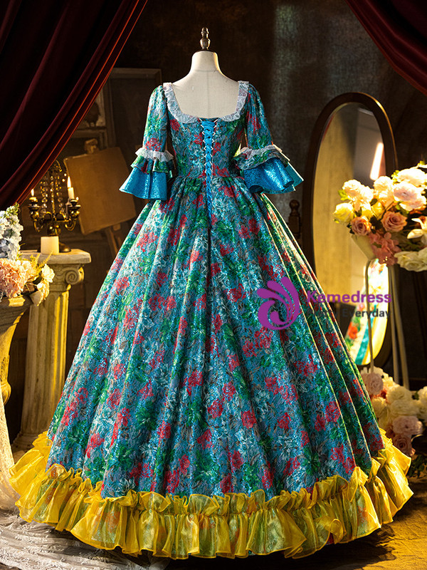 Blue Short Sleeve Print Bow Rococo Vintage Gown Dress