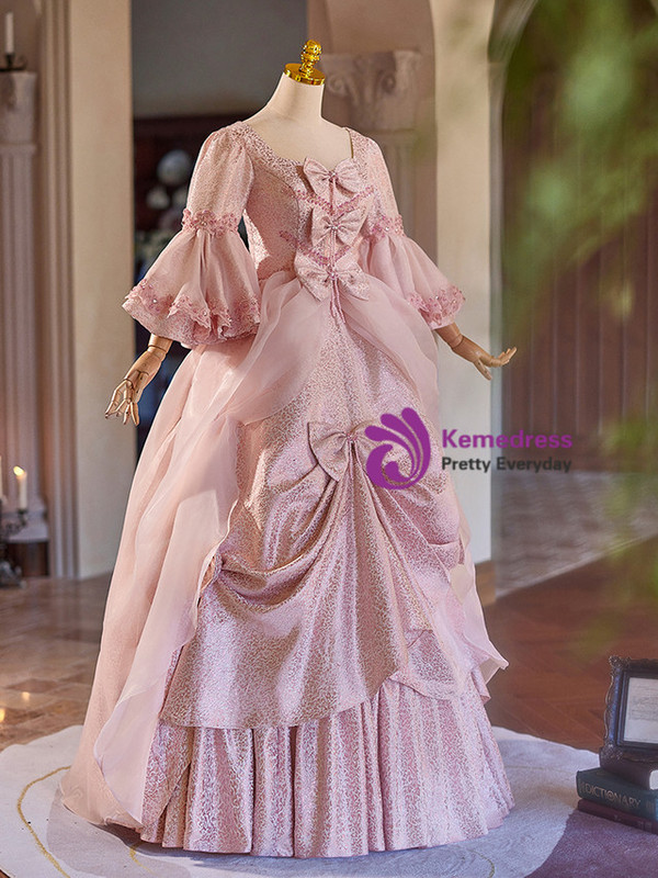 Pink Short Sleeve Bow Rococo Vintage Gown Dress