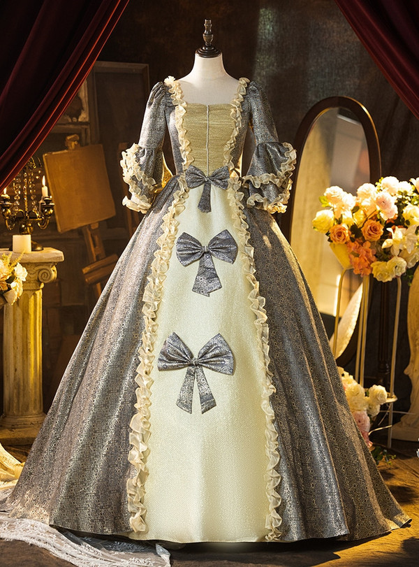 Gray Short Sleeve Bow Victorian Vintage Gown Dress